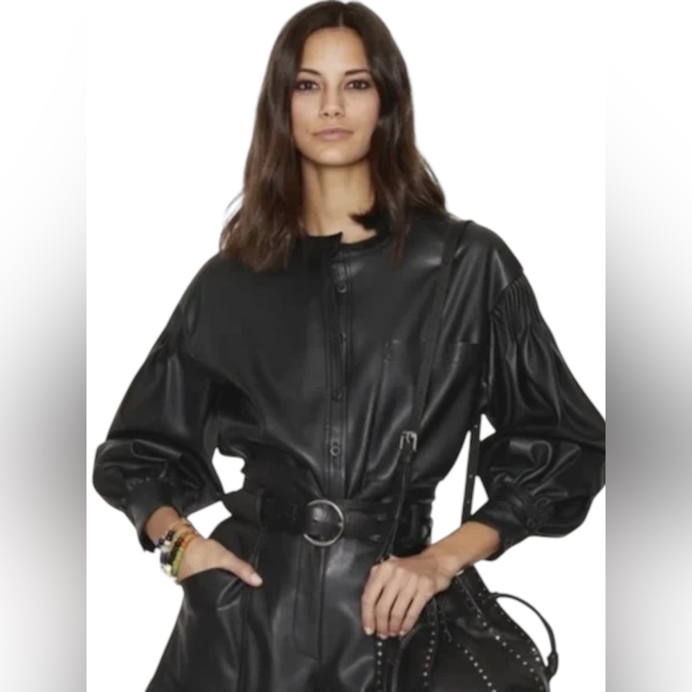 🆕 REBECCA MINKOFF | NELLIE FAUX LEATHER SHIRT | BLACK | SIZE: L